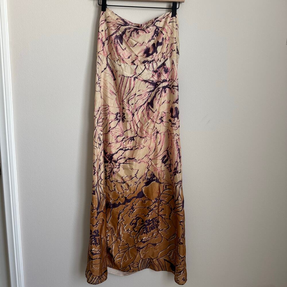 Vintage Y2K GLAM Womens 100% Silk Strapless Floral Midi Dress Lined Size Small
